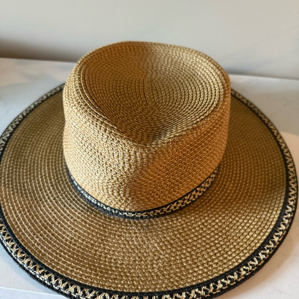 Eric Javits Elegant Tan Straw Hat with Black Band - SPF50
